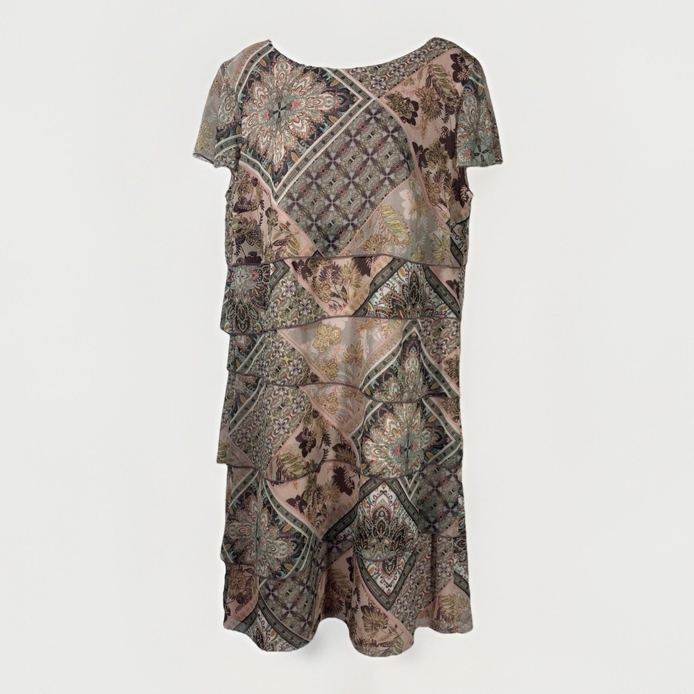 Betty Barclay Tiered Chiffon Dress 14 Pink Paisley Patchwork Shift Midi 39"